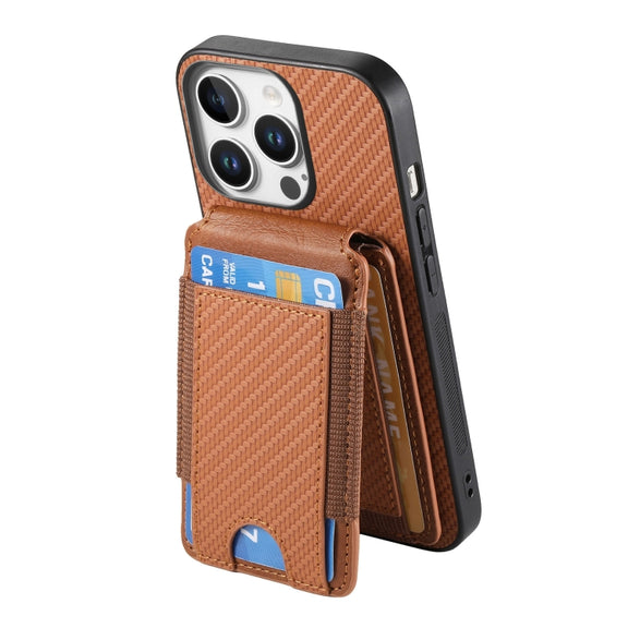 For iPhone 16 Pro Carbon Fiber Vertical Flip Wallet Stand Phone Case(Brown)