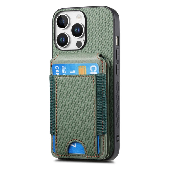 For iPhone 16 Pro Carbon Fiber Vertical Flip Wallet Stand Phone Case(Green)