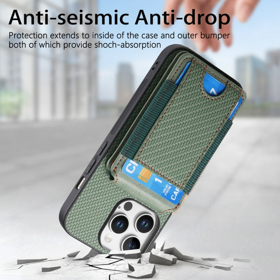 For iPhone 16 Pro Carbon Fiber Vertical Flip Wallet Stand Phone Case(Green)