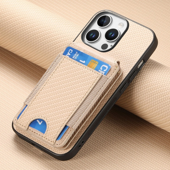 For iPhone 16 Pro Max Carbon Fiber Vertical Flip Wallet Stand Phone Case(Khaki)