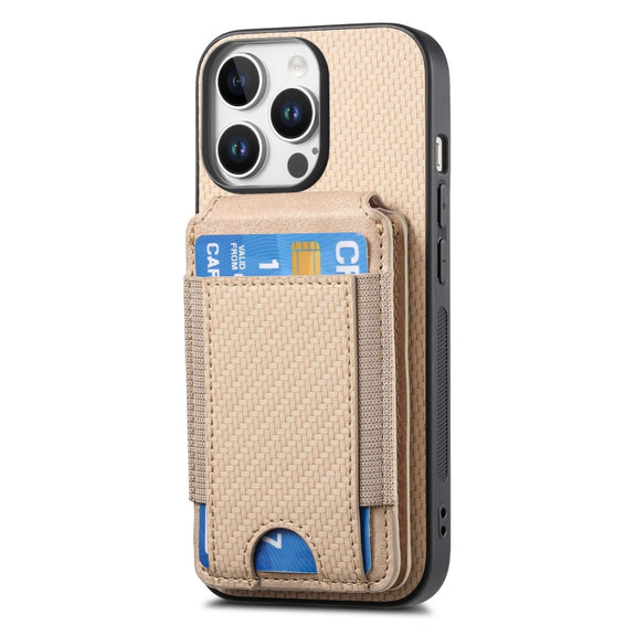 For iPhone 16 Pro Max Carbon Fiber Vertical Flip Wallet Stand Phone Case(Khaki)
