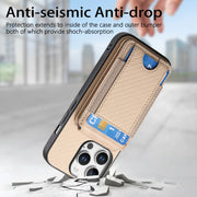 For iPhone 16 Pro Max Carbon Fiber Vertical Flip Wallet Stand Phone Case(Khaki)