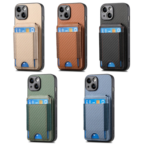 For iPhone 16 Carbon Fiber Vertical Flip Wallet Stand Phone Case(Khaki)