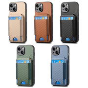 For iPhone 16 Carbon Fiber Vertical Flip Wallet Stand Phone Case(Brown)