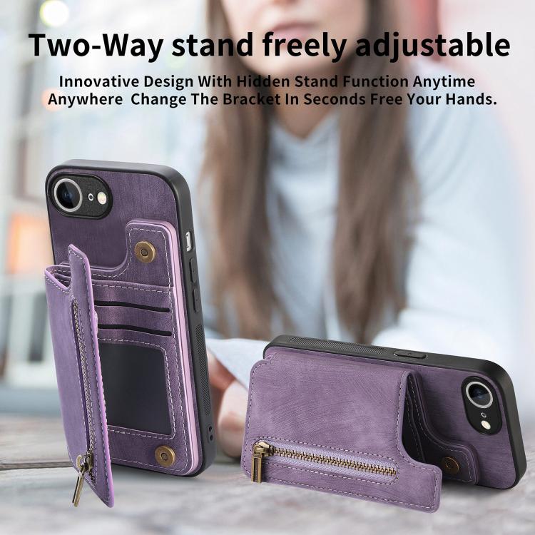 For iPhone 16e Retro Leather Zipper Wallet Back Phone Case(Purple) - iPhone 16e Cases by PMC TechLife | Online Shopping South Africa | PMC TechLife | Buy Now Pay Later Mobicred