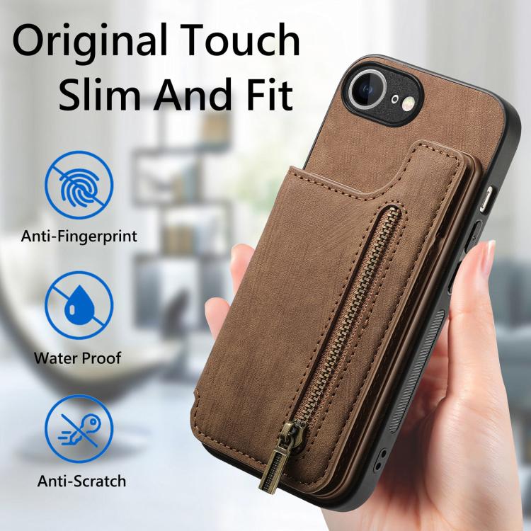 For iPhone 16e Retro Leather Zipper Wallet Back Phone Case(Brown) - iPhone 16e Cases by PMC TechLife | Online Shopping South Africa | PMC TechLife | Buy Now Pay Later Mobicred