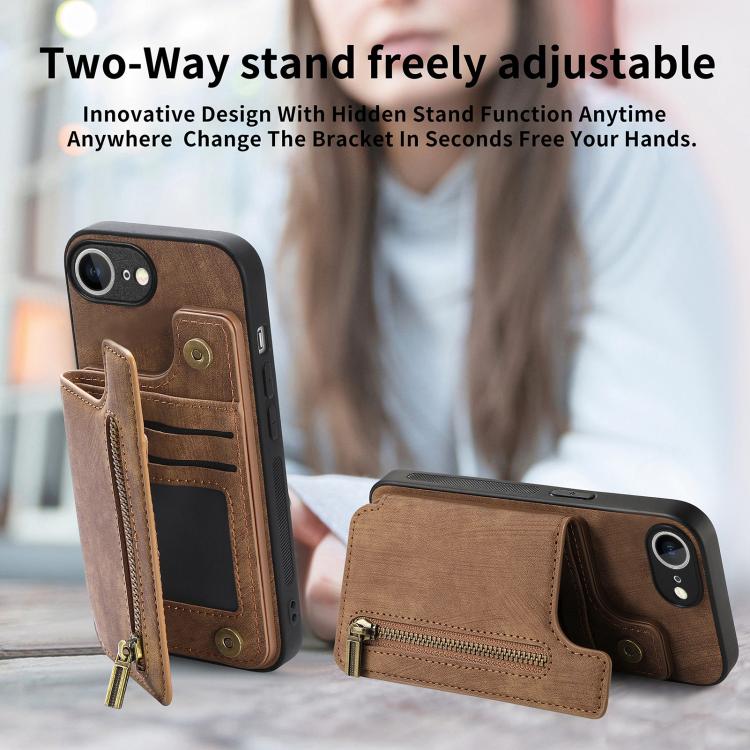 For iPhone 16e Retro Leather Zipper Wallet Back Phone Case(Brown) - iPhone 16e Cases by PMC TechLife | Online Shopping South Africa | PMC TechLife | Buy Now Pay Later Mobicred