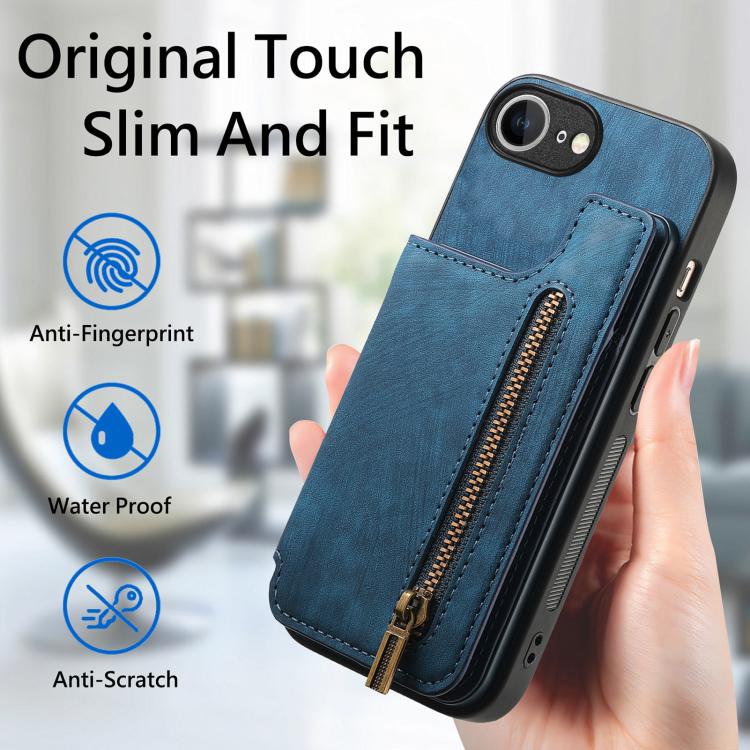 For iPhone 16e Retro Leather Zipper Wallet Back Phone Case(Blue) - iPhone 16e Cases by PMC TechLife | Online Shopping South Africa | PMC TechLife | Buy Now Pay Later Mobicred