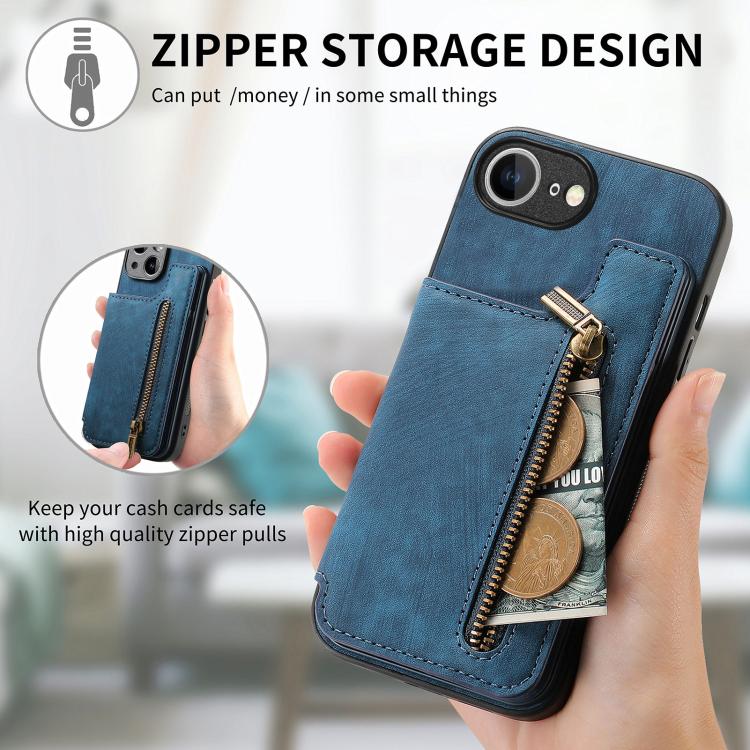 For iPhone 16e Retro Leather Zipper Wallet Back Phone Case(Blue) - iPhone 16e Cases by PMC TechLife | Online Shopping South Africa | PMC TechLife | Buy Now Pay Later Mobicred