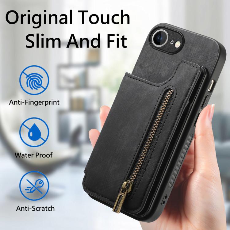 For iPhone 16e Retro Leather Zipper Wallet Back Phone Case(Black) - iPhone 16e Cases by PMC TechLife | Online Shopping South Africa | PMC TechLife | Buy Now Pay Later Mobicred