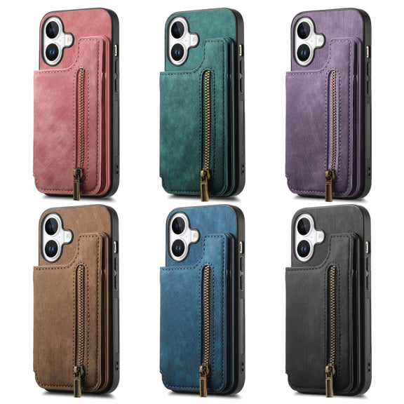 For iPhone 16e Retro Leather Zipper Wallet Back Phone Case(Brown)