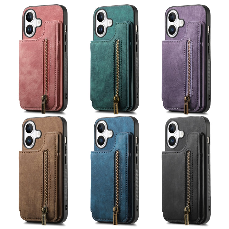 For iPhone 16e Retro Leather Zipper Wallet Back Phone Case(Pink)