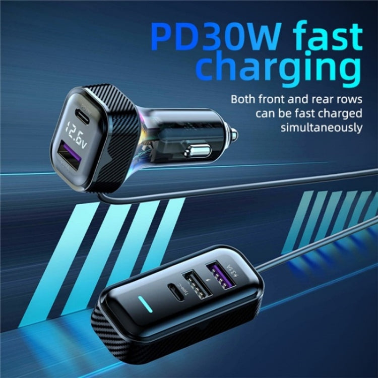 YQ6 PD 30W Fast Charging 2 x Type-C + 3 x USB Car Charger with 1.5m Extension Cable - Car Charger by PMC TechLife | Online Shopping South Africa | PMC TechLife | Buy Now Pay Later Mobicred