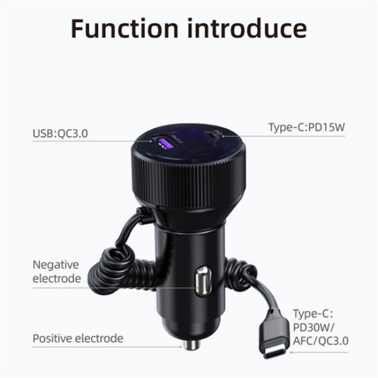K18A PD 30W Retractable Type-C Cable USB+Type-C Dual Port Aluminum Alloy Car Charger - Car Charger by PMC TechLife | Online Shopping South Africa | PMC TechLife | Buy Now Pay Later Mobicred