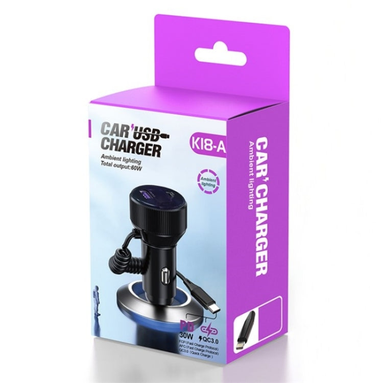K18A PD 30W Retractable Type-C Cable USB+Type-C Dual Port Aluminum Alloy Car Charger - Car Charger by PMC TechLife | Online Shopping South Africa | PMC TechLife | Buy Now Pay Later Mobicred