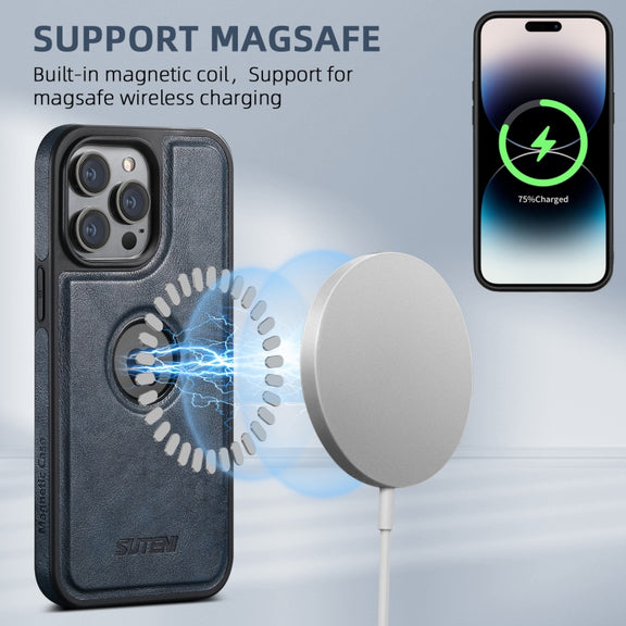 For iPhone 16 Pro Suteni G1 Magsafe Leather Back Phone Case(Blue)