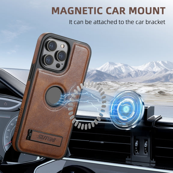For iPhone 16 Suteni G2 Magsafe Oil Wax Leather Back Phone Case with Holder(Brown)