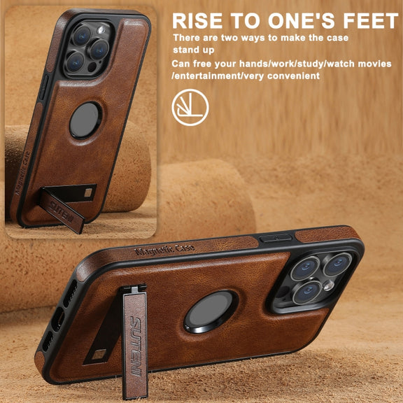 For iPhone 16 Suteni G2 Magsafe Oil Wax Leather Back Phone Case with Holder(Brown)