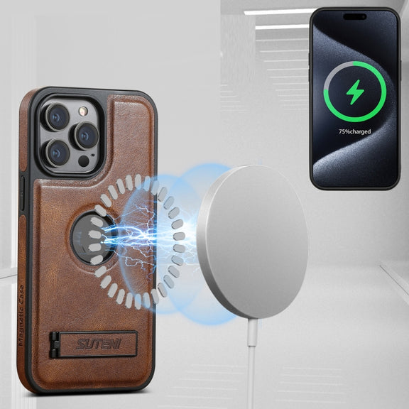 For iPhone 16 Pro Suteni G2 Magsafe Oil Wax Leather Back Phone Case with Holder(Brown)