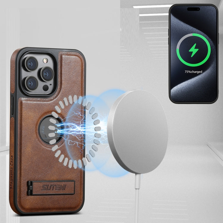 For iPhone 16 Pro Suteni G2 Magsafe Oil Wax Leather Back Phone Case with Holder(Brown)