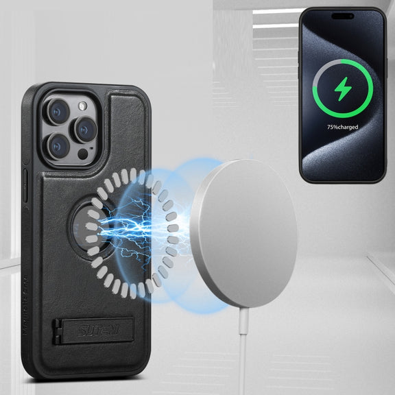 For iPhone 16 Pro Max Suteni G2 Magsafe Oil Wax Leather Back Phone Case with Holder(Black)