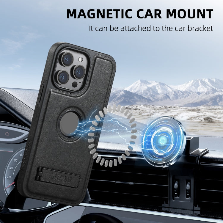 For iPhone 16 Pro Max Suteni G2 Magsafe Oil Wax Leather Back Phone Case with Holder(Black)