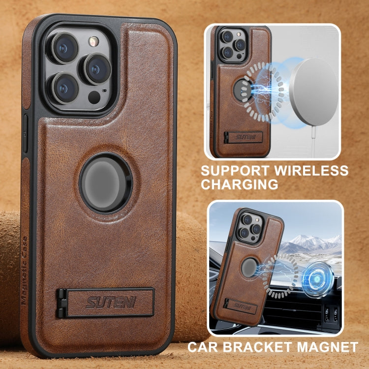 For iPhone 16 Pro Suteni G2 Magsafe Oil Wax Leather Back Phone Case with Holder(Brown)