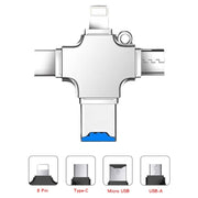 4 in 1 USB-C / Type-C  USB 2.0 + Micro USB + 8 Pin Adapter TF Card Reader, Memory Card:64GB(Sliver)