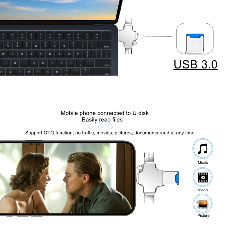 4 in 1 USB-C / Type-C  USB 2.0 + Micro USB + 8 Pin Adapter TF Card Reader, Memory Card:64GB(Sliver)