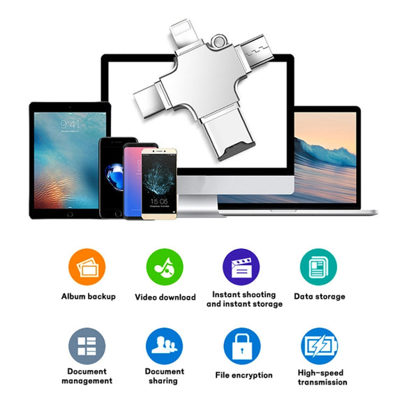 4 in 1 USB-C / Type-C  USB 2.0 + Micro USB + 8 Pin Adapter TF Card Reader, Memory Card:32GB(Sliver)