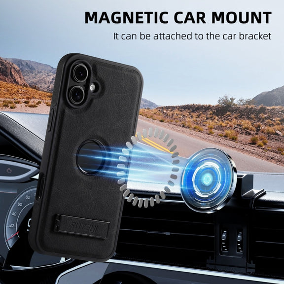 For iPhone 16 Suteni G2 Magsafe Litchi Texture Leather Back Phone Case with Holder(Black)