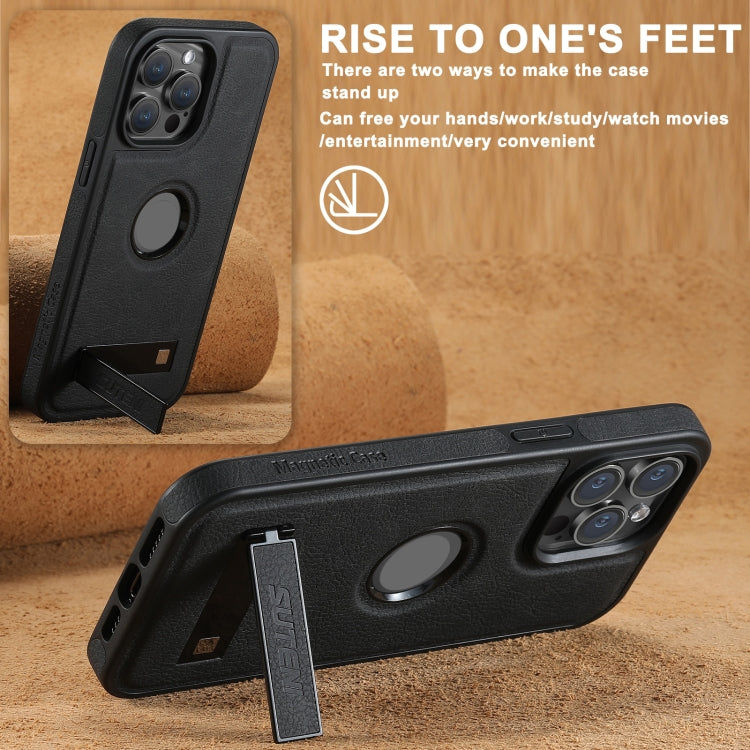For iPhone 16 Suteni G2 Magsafe Litchi Texture Leather Back Phone Case with Holder(Black)
