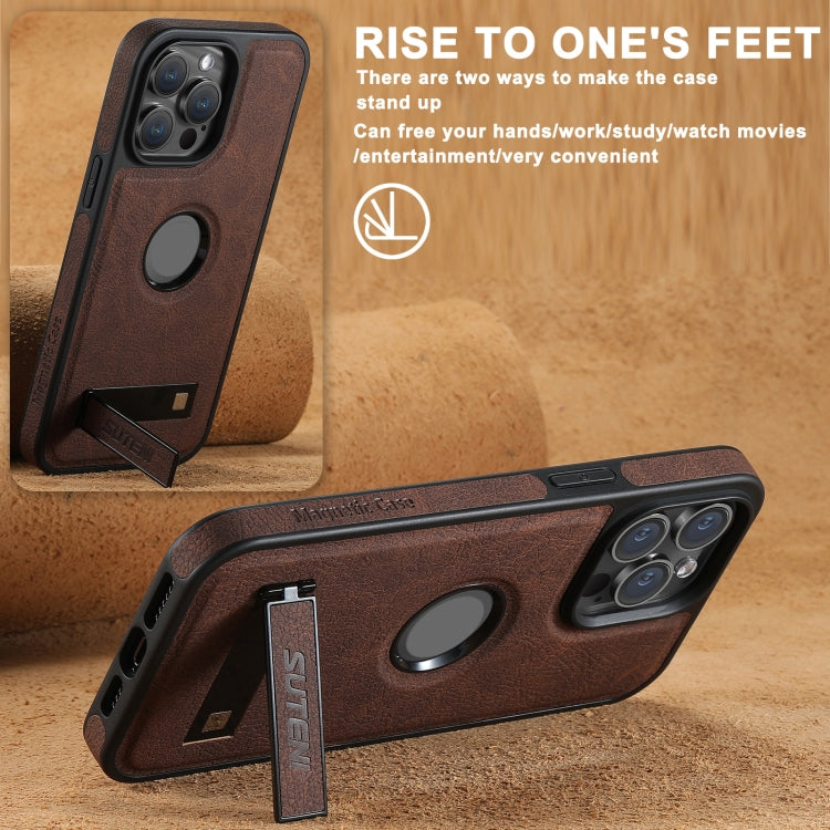 For iPhone 16 Pro Suteni G2 Magsafe Litchi Texture Leather Back Phone Case with Holder(Brown)
