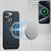 For iPhone 16 Pro Suteni G2 Magsafe Litchi Texture Leather Back Phone Case with Holder(Blue)