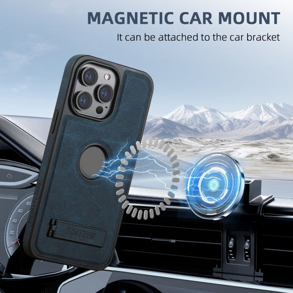 For iPhone 16 Pro Max Suteni G2 Magsafe Litchi Texture Leather Back Phone Case with Holder(Blue)