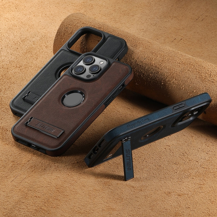 For iPhone 16 Plus Suteni G2 Magsafe Litchi Texture Leather Back Phone Case with Holder(Brown)