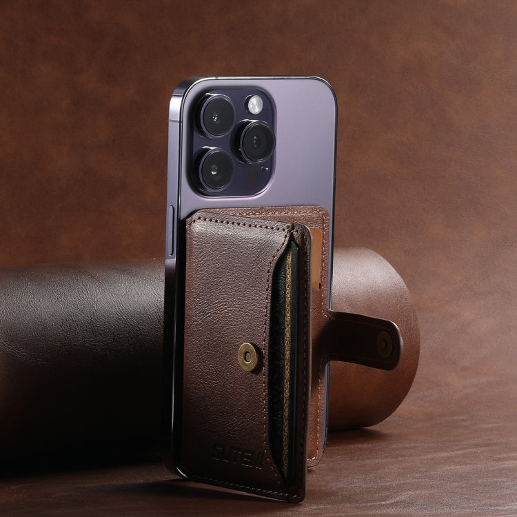 Suteni S2 Phone Magnetic Card Case Card Sleeve MagSafe Magnetic Coil PU Leather(Brown) - Adhesive Card Holders by Suteni | Online Shopping South Africa | PMC Jewellery | Buy Now Pay Later Mobicred