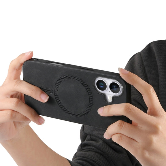 For iPhone 16 Plus Solid Color Retro Magsafe PU Back Cover Phone Case(Black)