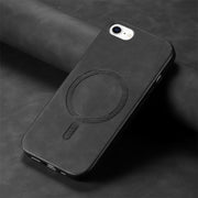 For iPhone 16e Solid Color Retro Magsafe PU Back Cover Phone Case(Black)