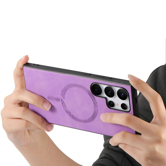 For Samsung Galaxy S25 Ultra 5G Solid Color Retro Magsafe PU Back Cover Phone Case(Purple)