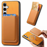 For Samsung Galaxy S25 5G Retro Magsafe Card Bag PU Back Cover Phone Case(Yellow)