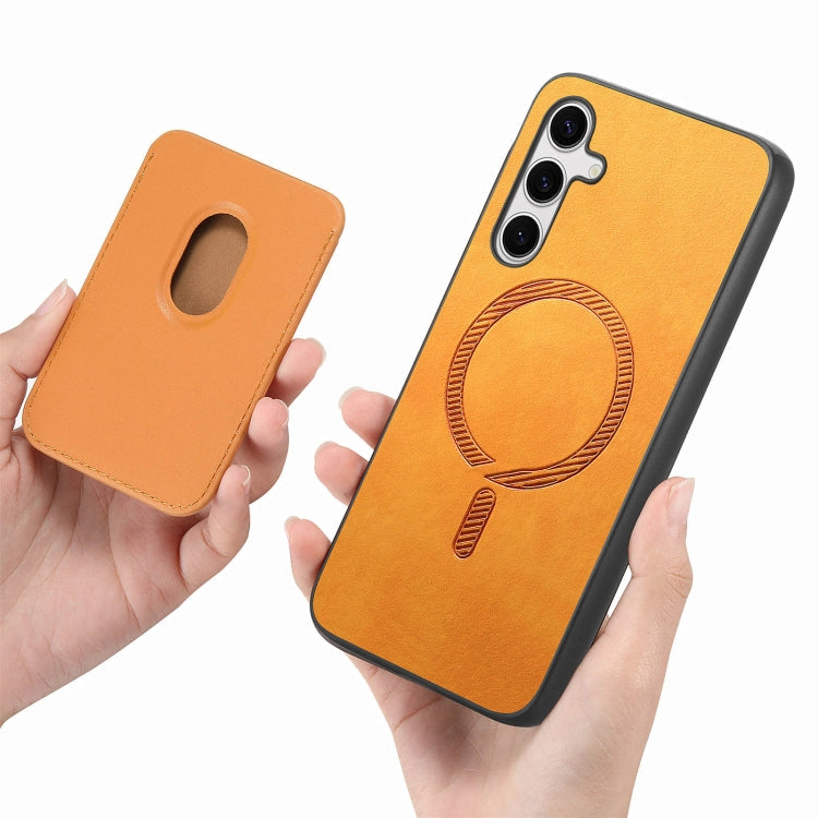 For Samsung Galaxy S25+ 5G Retro Magsafe Card Bag PU Back Cover Phone Case(Yellow)