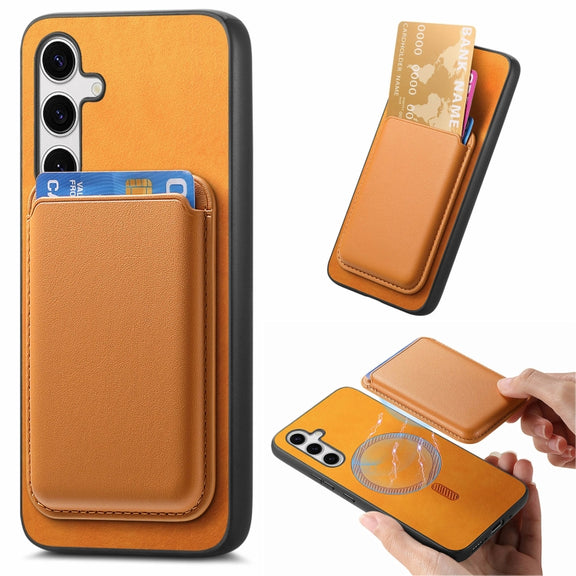 For Samsung Galaxy S25+ 5G Retro Magsafe Card Bag PU Back Cover Phone Case(Yellow)