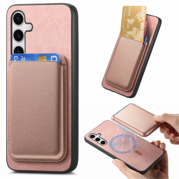 For Samsung Galaxy S25+ 5G Retro Magsafe Card Bag PU Back Cover Phone Case(Pink)