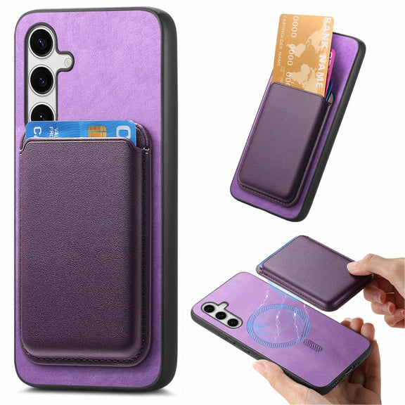 For Samsung Galaxy S25+ 5G Retro Magsafe Card Bag PU Back Cover Phone Case(Purple)