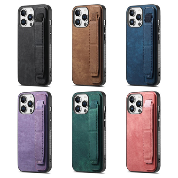 For iPhone 16 Plus Retro Wristband Holder Leather Back Phone Case(Purple)