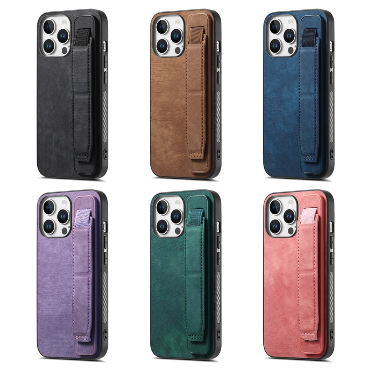 For iPhone 16 Pro Retro Wristband Holder Leather Back Phone Case(Black)