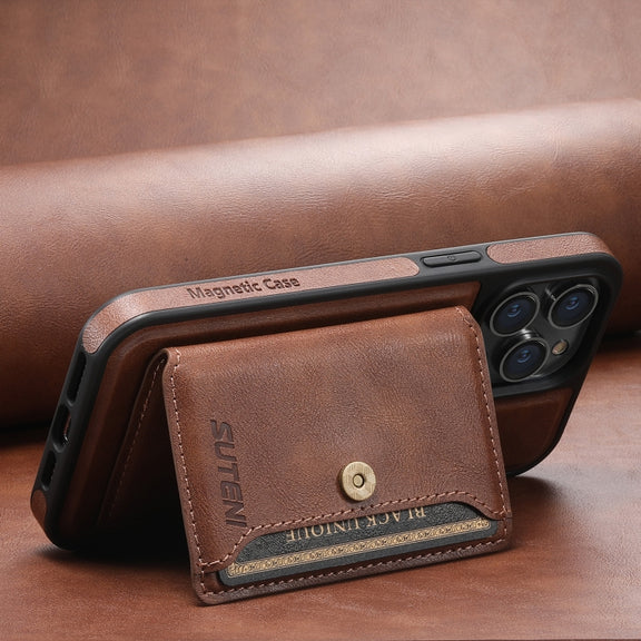 For iPhone 15 Pro Suteni M1 Oil Wax MagSafe Detachable Horizontal Card Bag Phone Case(Brown)