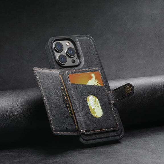 For iPhone 15 Suteni M1 Oil Wax MagSafe Detachable Horizontal Card Bag Phone Case(Black)