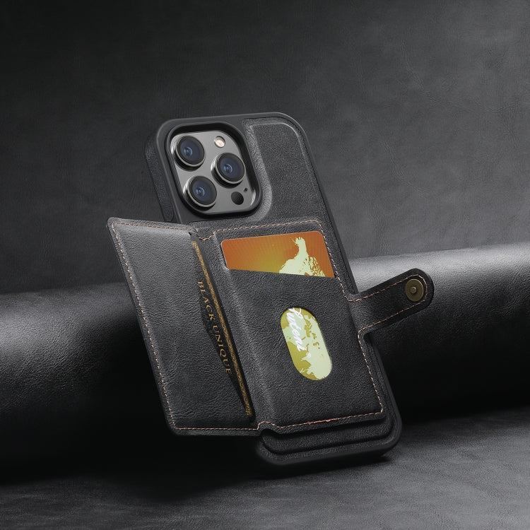 For iPhone 15 Suteni M1 Oil Wax MagSafe Detachable Horizontal Card Bag Phone Case(Black)